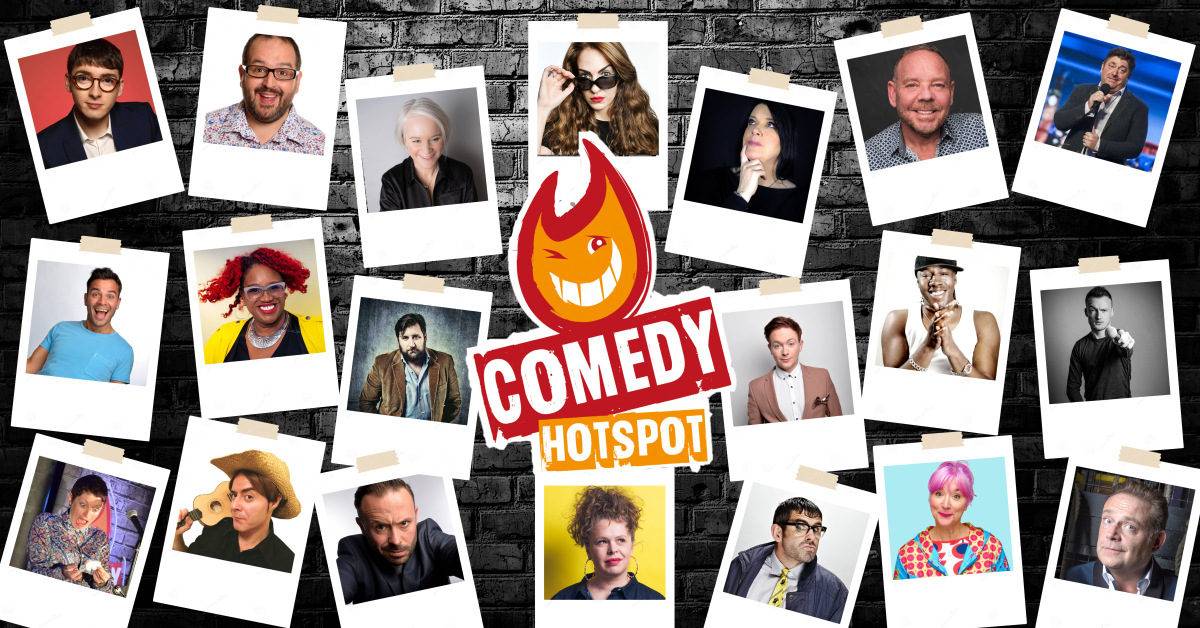 multiple images of people in polaroid photographs along with the Comedy Hotspot logo
